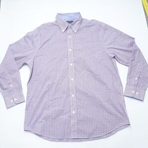 Nautica Dress Shirt Men's Large Purple White Check Slim Fit Wrinkle-Resistant